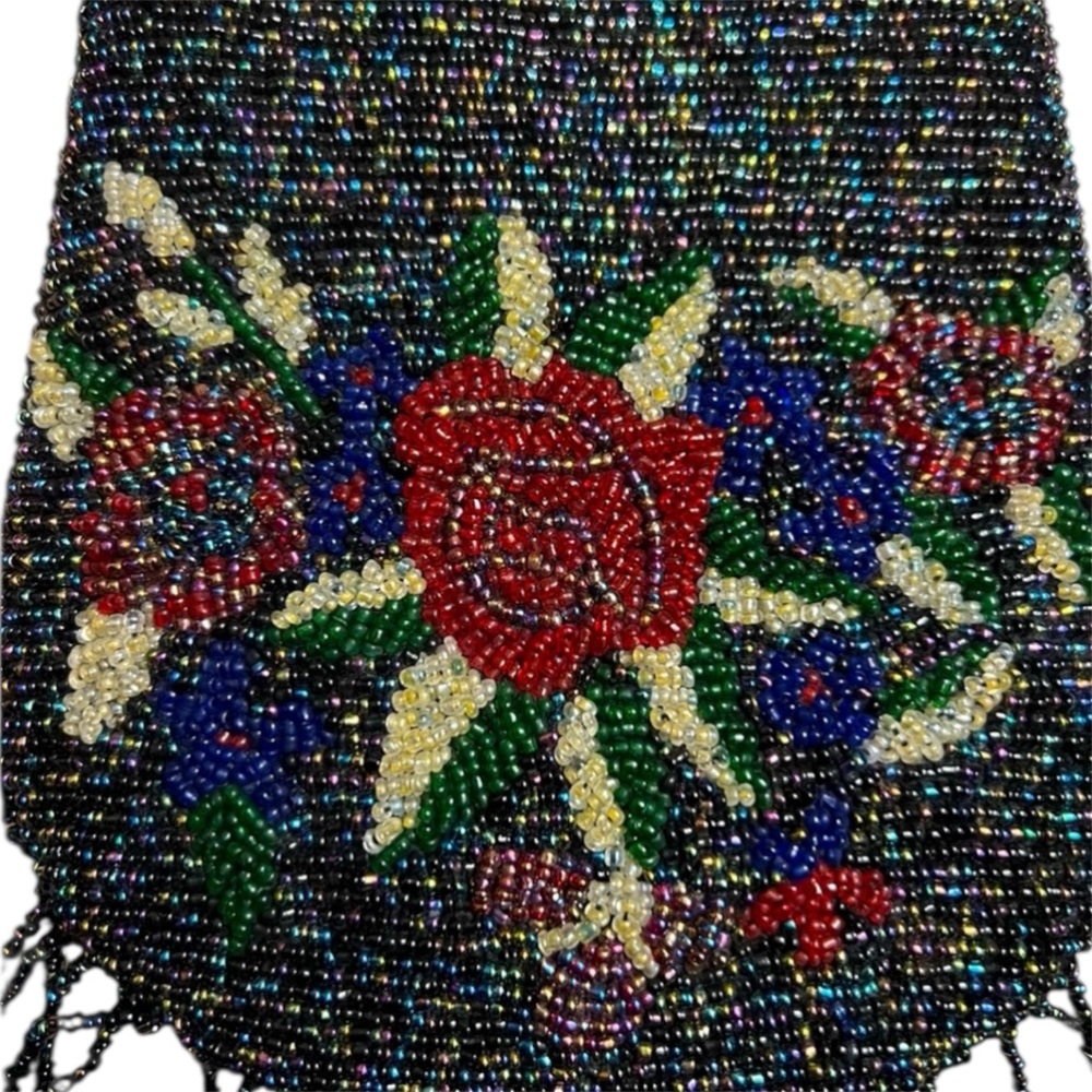 Vintage bag Black Micro Beaded Purse with Floral Design Beaded Fringe EUC - Picture 3 of 9